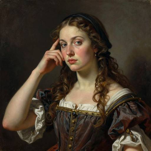 Classical oil painting of a fair-skinned, blue-eyed young woman with curly brown hair, wearing a black dress with white ruffles, touching her
