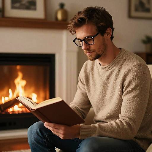 Cozy Daddy Reading by Fireplace