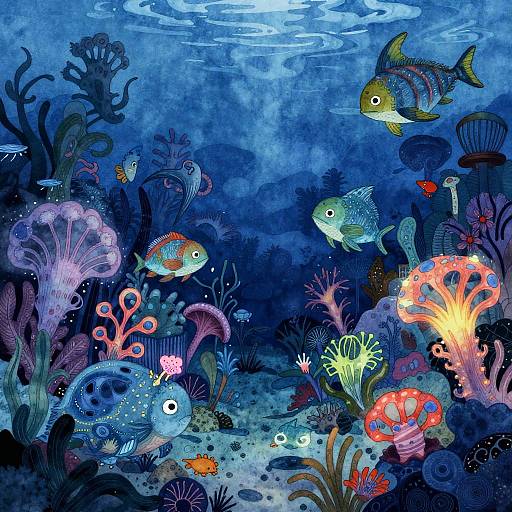 Vibrant underwater scene illustration: colorful fish, coral, and sea anemones in deep blue hues, illuminated by sunlight filtering through the water.