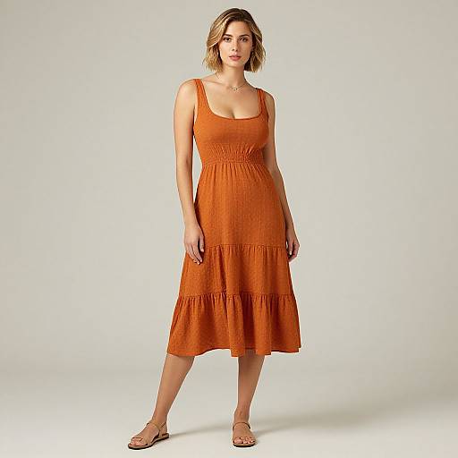 Photograph of a blonde woman with short hair, wearing an orange, sleeveless, knee-length dress, and brown sandals, standing against a plain white