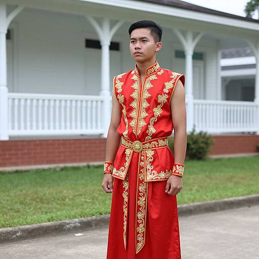 Photograph of a young Asian man in a sleeveless, red traditional Chinese robe with gold embroidery, standing in front of a white porch and brick house