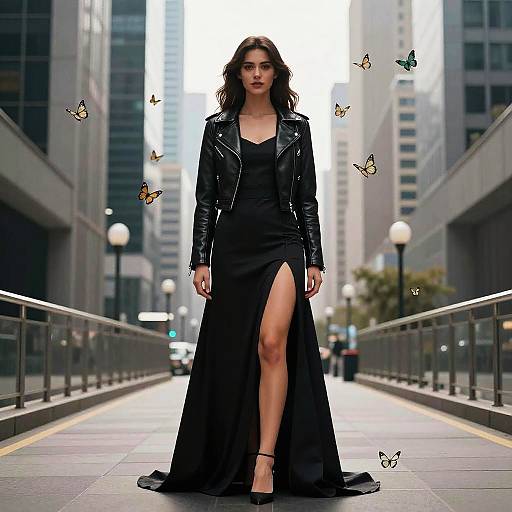 Photograph of a dark-haired woman in a black leather jacket and high-slitted gown, standing confidently on an urban pedestrian walkway, with butterflies floating