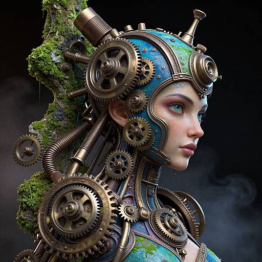 Digital artwork of a cyberpunk female head with gears, copper pipes, and moss, featuring blue-green patterns, against a dark background.