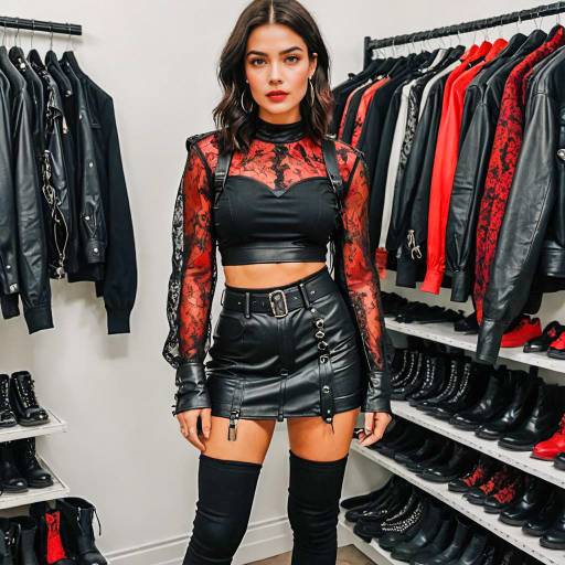 Fashionable Woman in Black Leather Mini Skirt