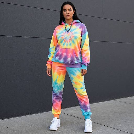 Photograph of a young woman with dark hair, wearing a vibrant tie-dye hoodie and pants, white sneakers, standing against a dark gray wall.