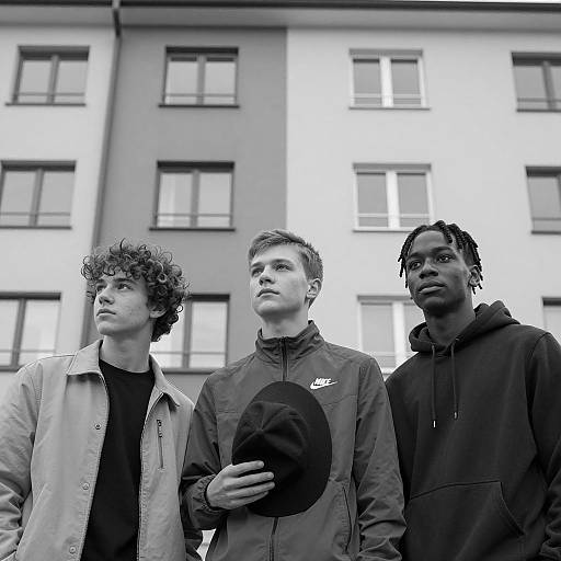Three teenage boys in front of apartment building