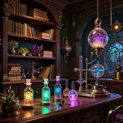 Photograph of a dimly lit, vintage library with dark wood shelves, glowing glass beakers, and illuminated scientific equipment on a polished wooden desk.