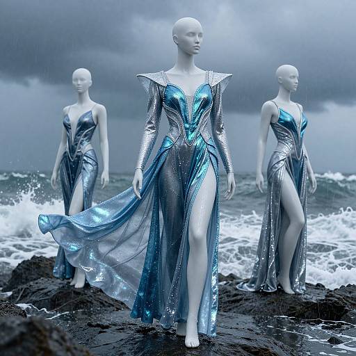 Photograph of three bald, featureless mannequins wearing metallic, blue-green, long-sleeve gowns with high shoulders and high sl