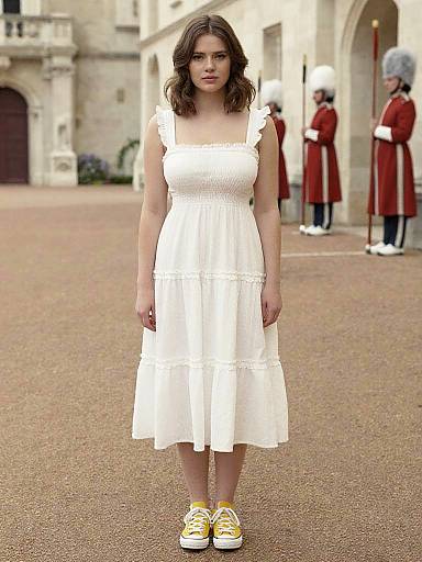 Photograph of a young woman with wavy brown hair, wearing a white sleeveless dress and yellow sneakers, standing on a gravel courtyard with red-co
