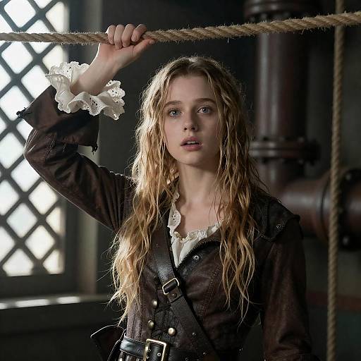 Surprised Pirate Woman in Sunlit Setting