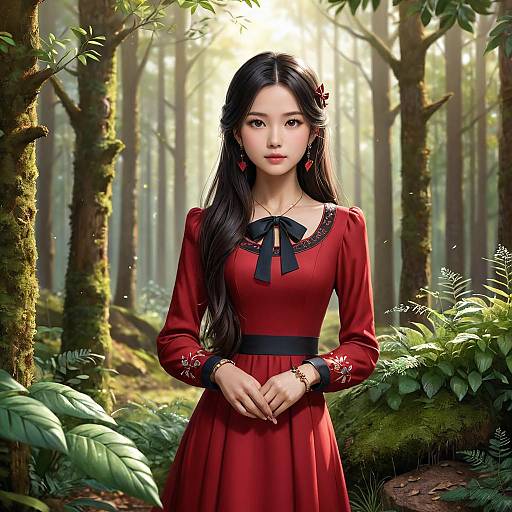 Photorealistic Asian Woman in Red Dress