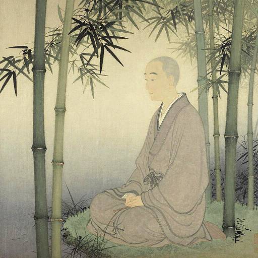 Ancient Monk Meditating in Bamboo Grove