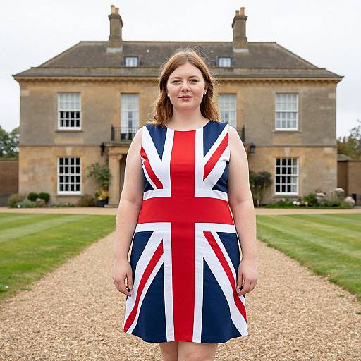 Photograph of a fair-skinned woman with brown hair in a Union Jack dress, standing in front of a stone mansion.