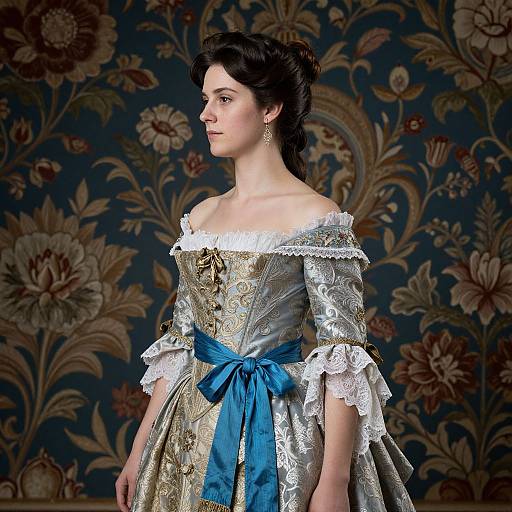 Photograph of a fair-skinned woman with dark hair in an off-shoulder, gold and blue floral gown with lace trim and ribbon, standing