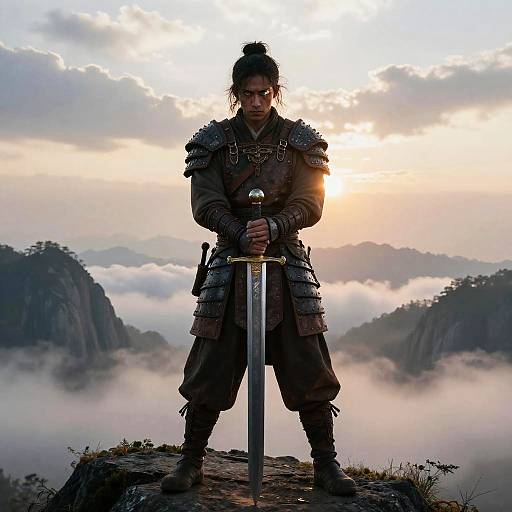 Photorealistic digital art of a dark-haired warrior with a topknot, wearing medieval armor, standing on a mountain peak, holding a sword,