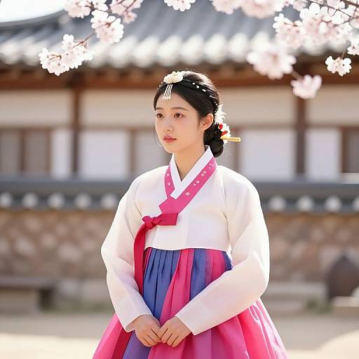 Photograph of a young Korean woman in traditional hanbok with pink and blue fabric, white top, and black hair bun, standing in front of