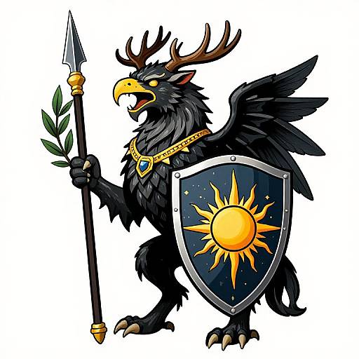 Digital illustration of a fierce, black-feathered griffin with yellow beak and antlers, holding a spear with leaves and a shield with a