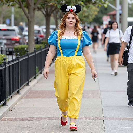 Photograph of a smiling woman with curly red hair, wearing a blue puffy-sleeve top, yellow overalls, red shoes, and Min