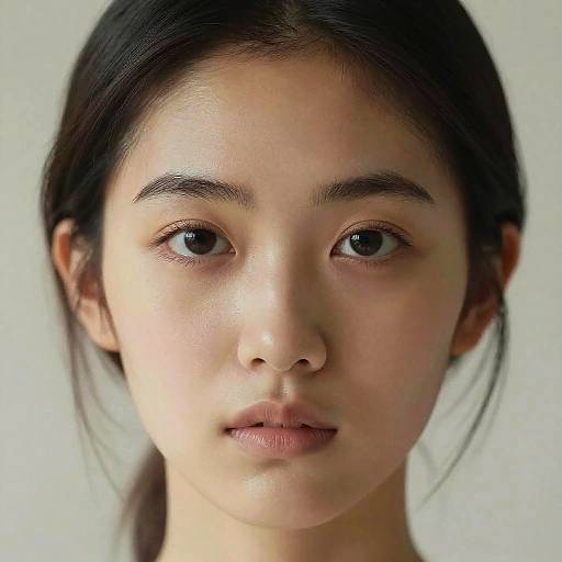 Photograph of a young Asian woman with fair skin, dark hair in a ponytail, and subtle makeup, gazing directly at the camera against a