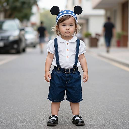 Photograph of a young boy standing on a suburban street, wearing a white shirt, navy blue shorts, black suspenders, black shoes, and a