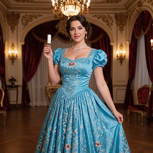 Photograph of a dark-haired woman in a blue, ornately embroidered ball gown, holding a popsicle, standing in a lavish, chandelier-l