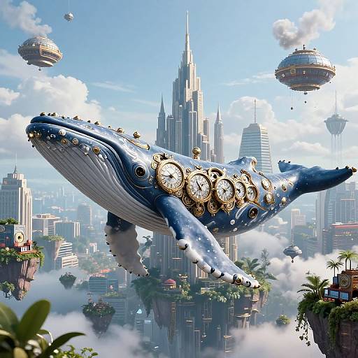 Digital artwork of a steampunk, clockwork blue whale soaring above a futuristic cityscape with flying islands and floating buildings.