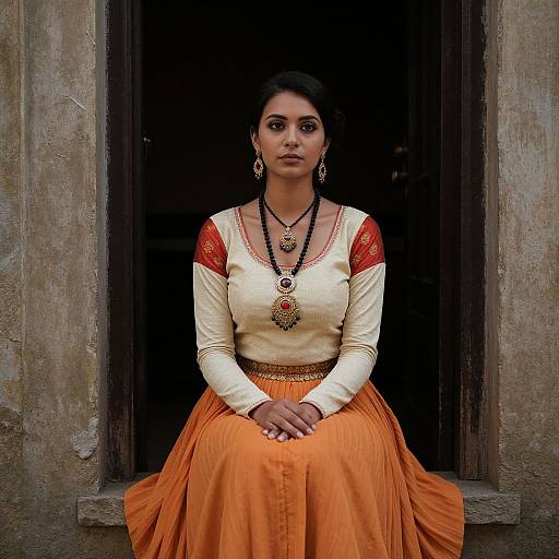 Photograph of a young South Asian woman with dark hair, wearing a cream and orange traditional lehenga, red lace sleeves, and intricate jewelry, seated