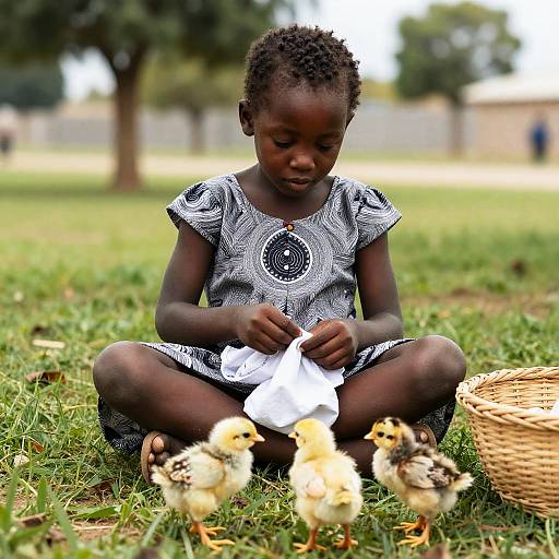 Young Girl Sewing with Chicks in Grass