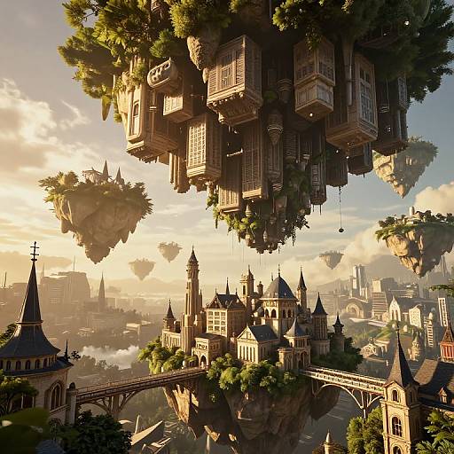 Fantastical digital artwork of floating medieval-style buildings with lush greenery, suspended above a sprawling cityscape at sunset, featuring bridges and spires.