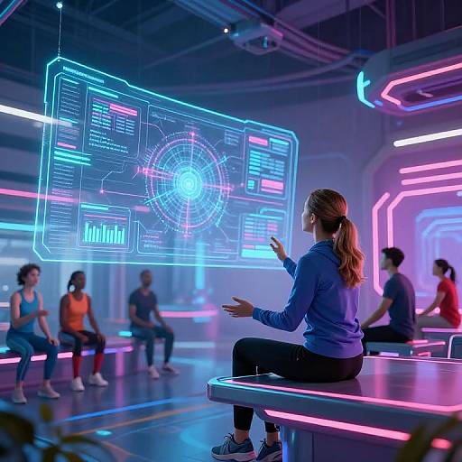 Photograph of a tech-savvy woman in a blue hoodie, seated in a neon-lit futuristic room, explaining a holographic data display to