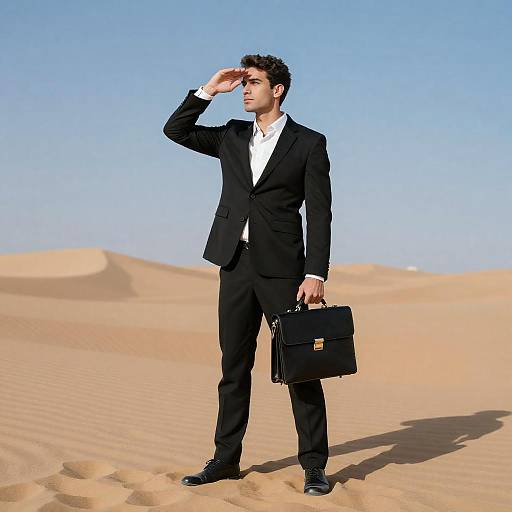 Businessman in Desert Under Bright Sky