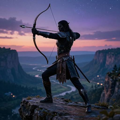 Silhouetted archer in medieval armor, drawing a bow on a rocky cliff at dusk, with a starry, mountainous valley below.