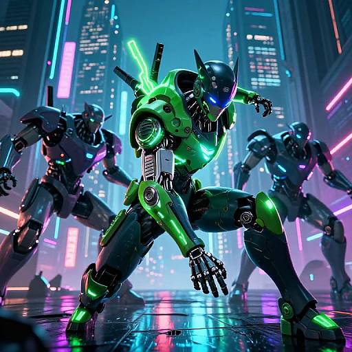 Cyberpunk digital art: Green glowing robotic warrior in dynamic pose, surrounded by neon-lit cityscape, flanked by dark, neon-accent