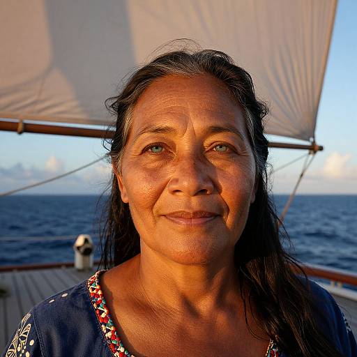 Photograph of a smiling middle-aged woman with long black hair, tan skin, and green eyes, standing on a sailboat with a white sail and