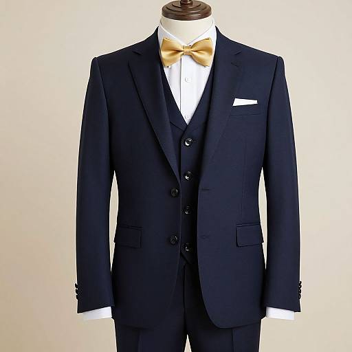 Photograph of a black three-piece suit with a gold bow tie, white shirt, and pocket square, displayed on a dress form against a plain white