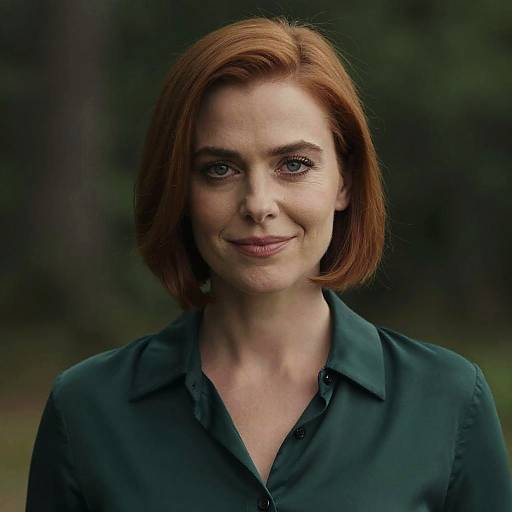 Photograph of a fair-skinned woman with red shoulder-length hair, wearing a dark green button-up shirt, smiling softly against a blurred green forest background