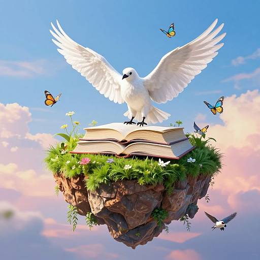 Digital artwork of a white dove with wings spread, standing on an open book atop a floating rock, surrounded by butterflies and green grass, against a vibrant
