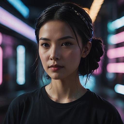 Young Woman Portrait on Neon Cyberpunk Street