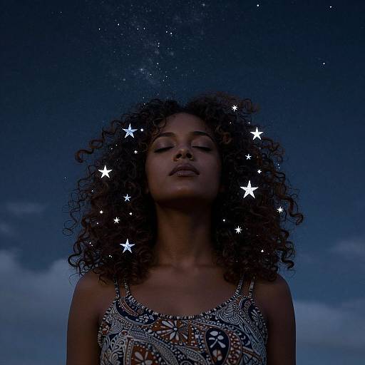 Photograph of a dark-skinned woman with curly hair, eyes closed, wearing a patterned dress, against a starry night sky. Glowing