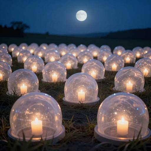 Photograph of numerous glowing candles inside transparent domes on grass, under a night sky with a full moon.