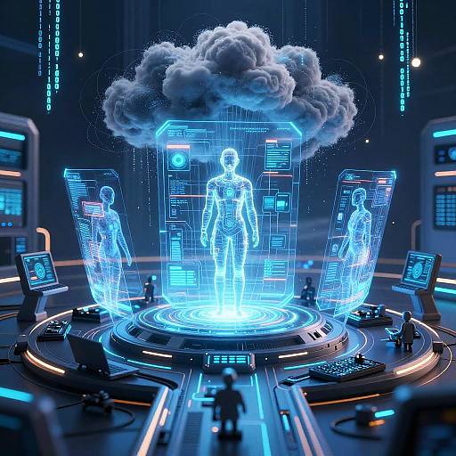 Digital CGI of three glowing, blue, wireframe human figures encased in holographic cubes, surrounded by futuristic control panels and a floating cloud of smoke