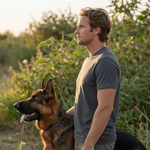 Photograph of a fit, light-skinned man with short brown hair, wearing a grey t-shirt, standing beside a large German Shepherd with a pink