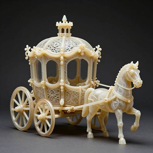 Photograph of an ornate, ivory-colored, intricately carved royal carriage with large wheels, drawn by a detailed, white, standing horse.