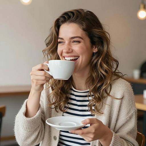 Joyful Café Moment: Woman with Coffee
