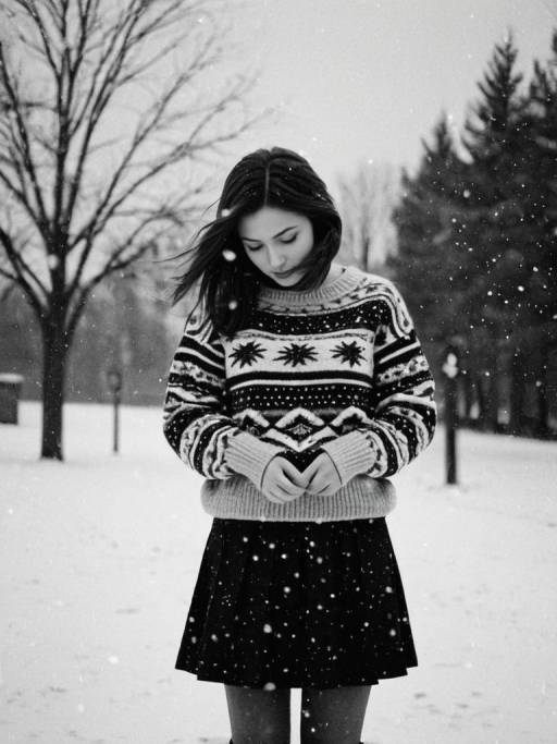 Monochrome Girl in Snowy Landscape