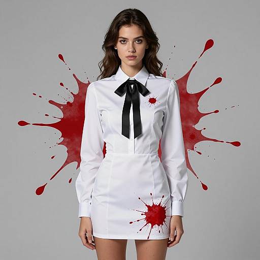 Woman in White Mini Dress with Red Blood Splatter Costume