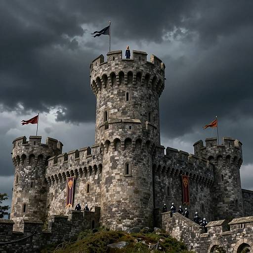 Photograph of a dramatic, stormy night scene featuring a medieval stone castle with multiple round towers, flags, and dark, cloudy sky.