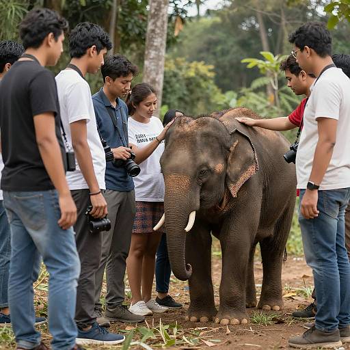 Group of People Petting Elephant Calf in Forest