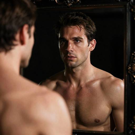 Intense Shirtless Man Looking in Mirror