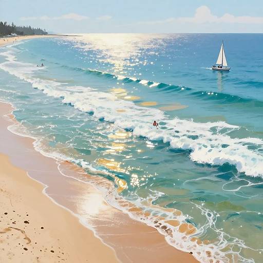 Photograph of a sunny beach with sparkling turquoise waves, a white sailboat in the distance, and two swimmers near the shore.